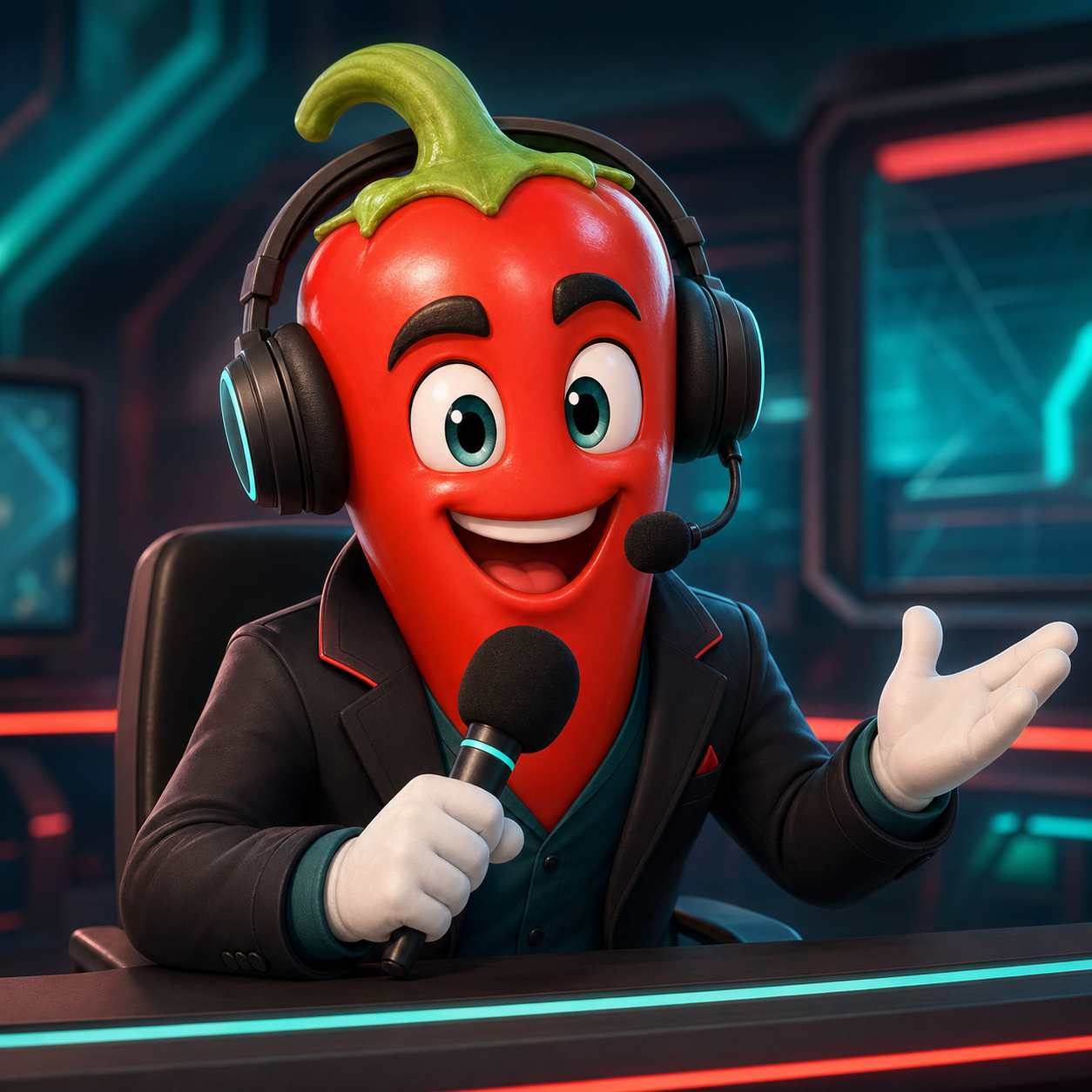 Комментатор Перчик в гарнитуре у игрового микрофона